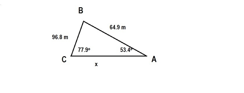 Three deer, a, b, and c, are grazing in a field. deer b is located 64.9 m from deer-example-1