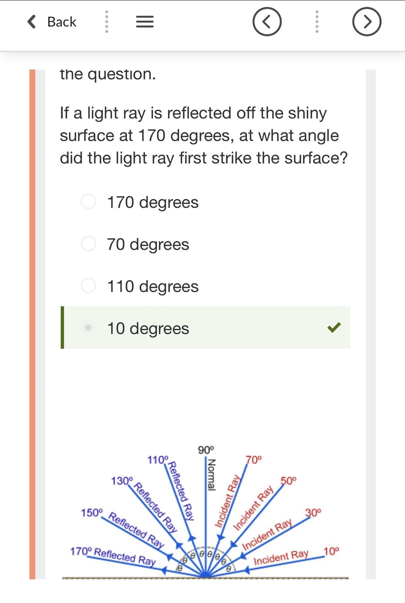 If a light Ray is reflected off the shiny surface at 170 degrees at what angle did-example-1