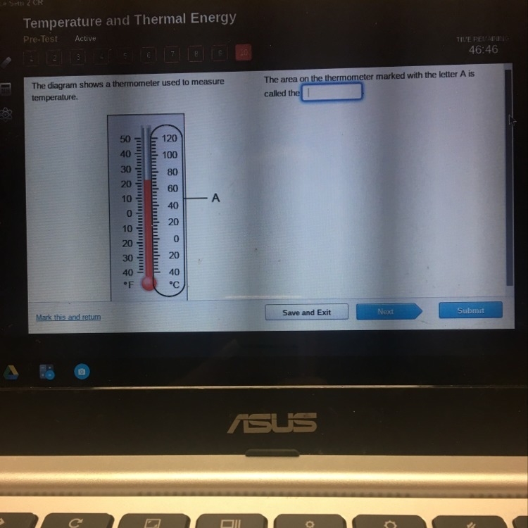 the diagram shows a thermometer used to measure temperature. the area on the thermometer-example-1