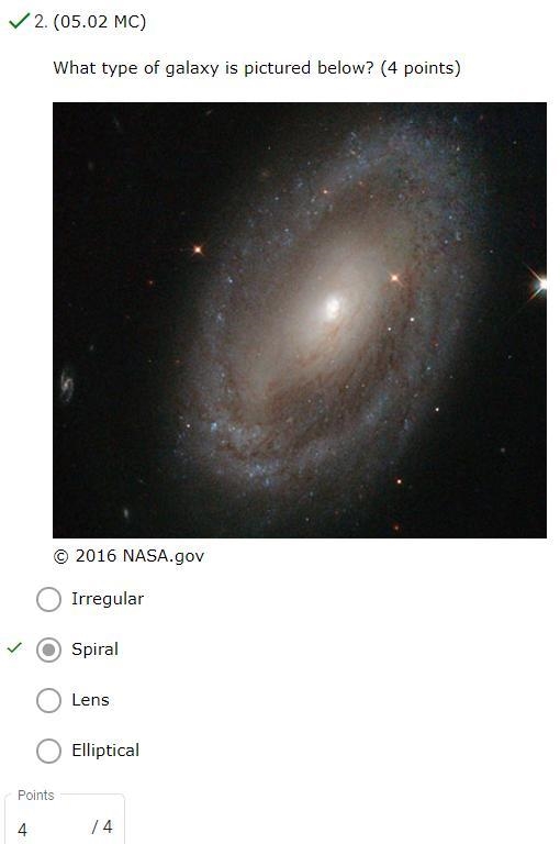 What type of galaxy is pictured below? irregular spiral lens elliptical-example-2