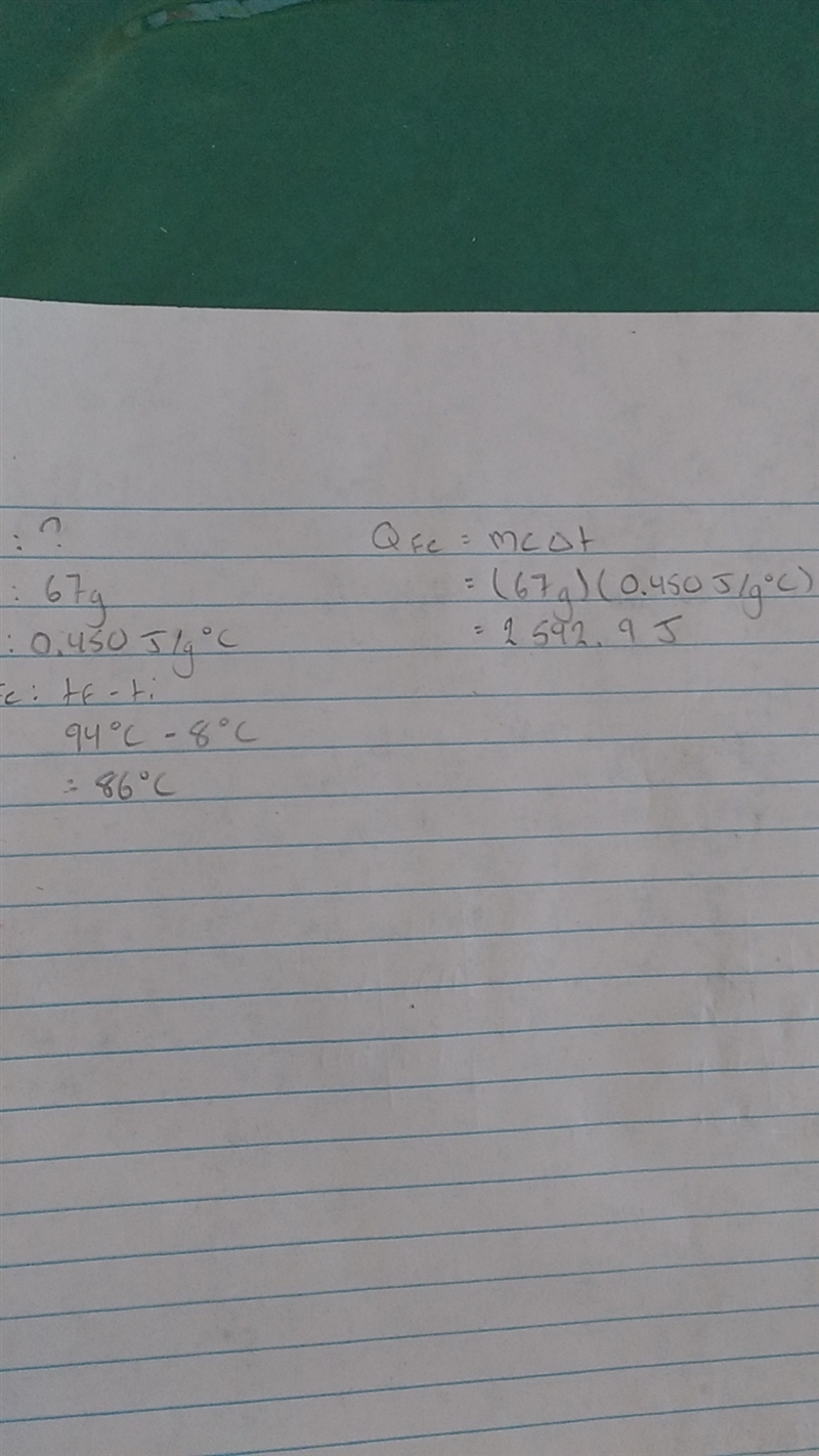 How much heat is absorbed by a 67g iron skillet when its temperature rises from 8C-example-1