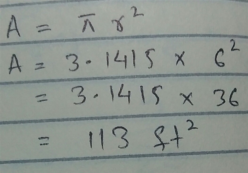 Find the area of a circle with a radius r of 6 feet. Round off your answer to one-example-1