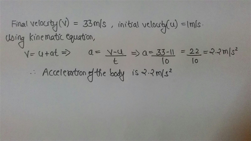 Find the acceleration of a body whose velocity increases from 11ms-1 to 33ms-1 in-example-1