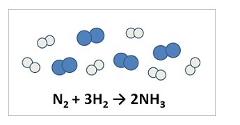 Nitrogen and hydrogen react to form ammonia. Consider the mixture of N2 (blue spheres-example-1