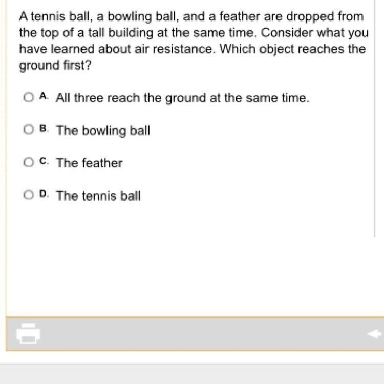 A tennis ball, a bowling ball, and a feather are dropped from the top of a tall building-example-1