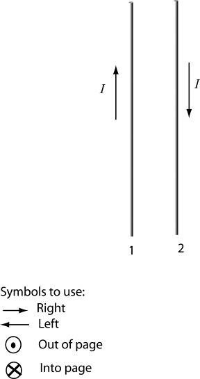 4. Two straight wires are parallel and carry currents of 1.2 A in opposite directions-example-1