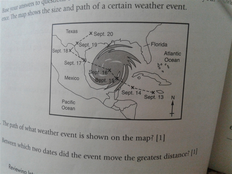 The path of which weather event is shown on the map-example-1