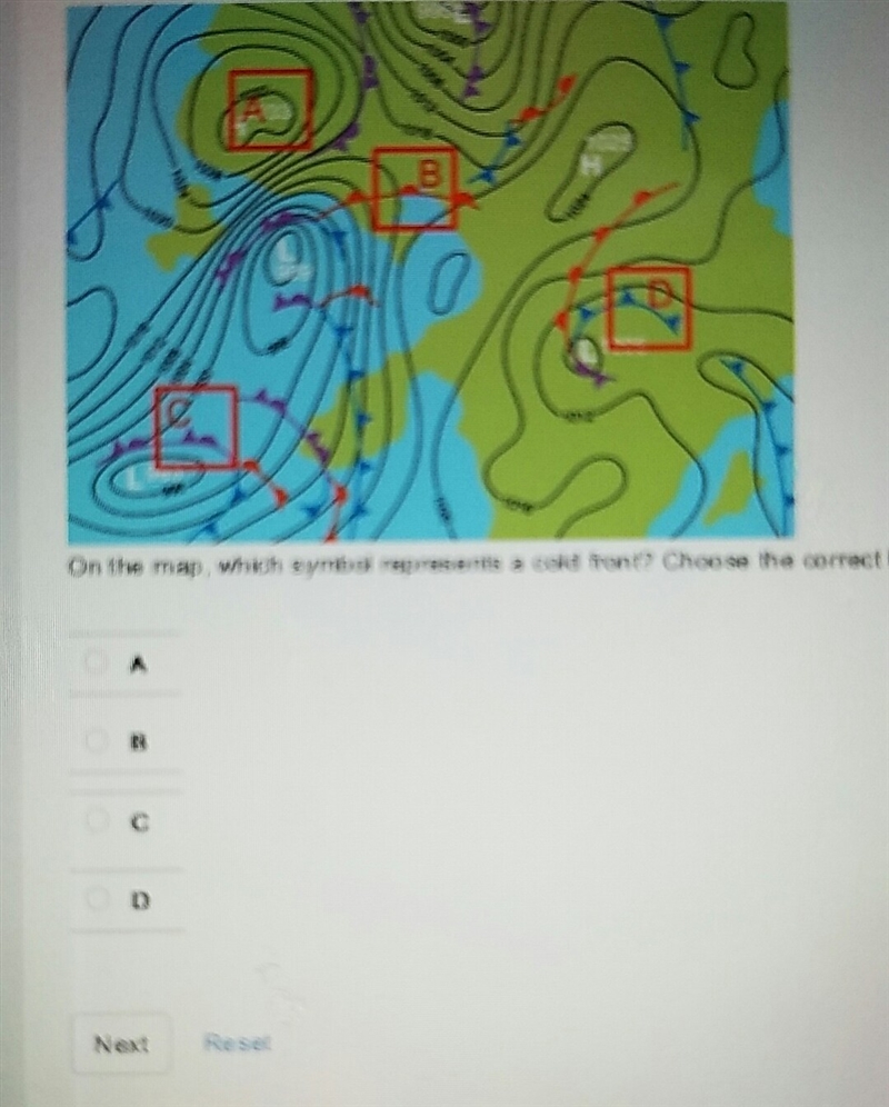 On the map which symbol representa a cold front? choose the correct letter-example-1