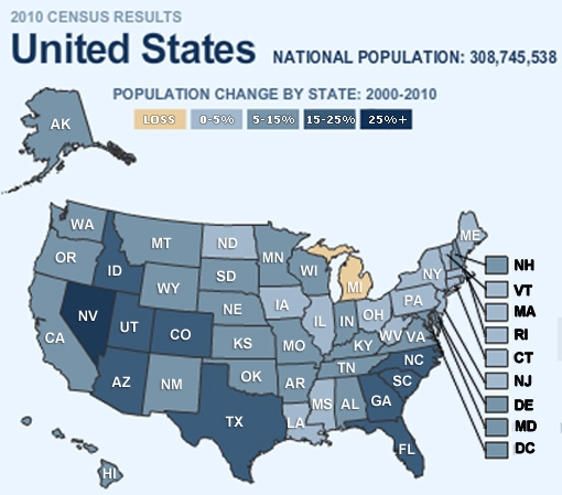 Between 2000 and 2010, which state had a population growth of 15–25 percent? Alabama-example-1