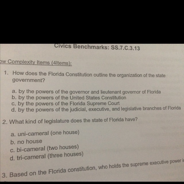 How does the Florida constitution outline the organization of the state government-example-1