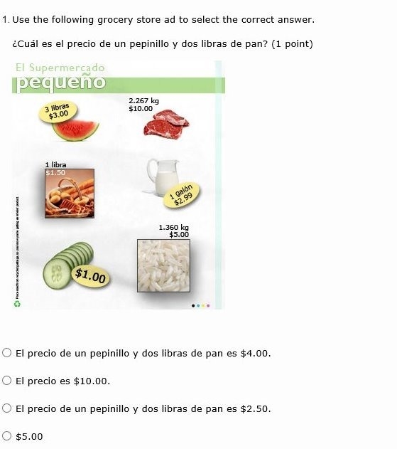 Use the following grocery store ad to select the correct answer. ¿Cuál es el precio-example-1