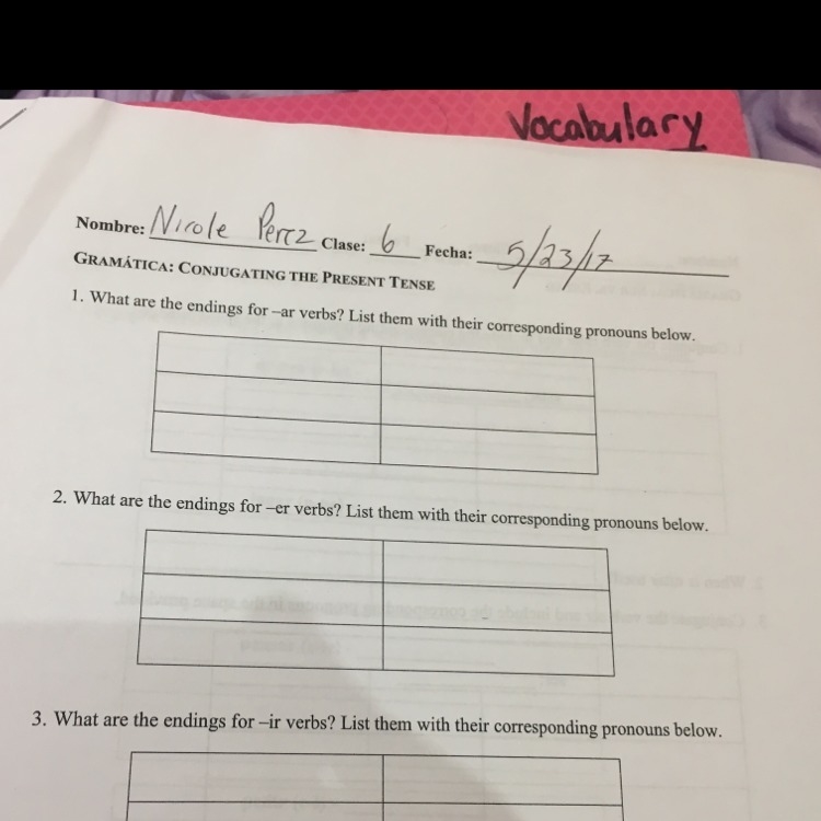 What are the endings for -ar, -er, and -ir verbs? (This is Spanish homework)-example-1