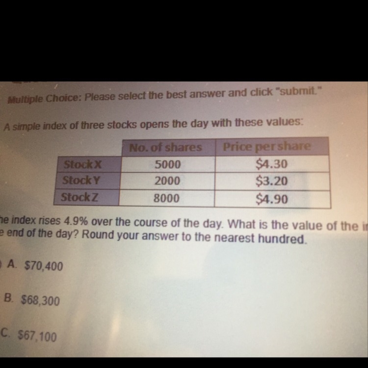 A simple index of three stocks opens the day with these values The index rises 4.9% over-example-1