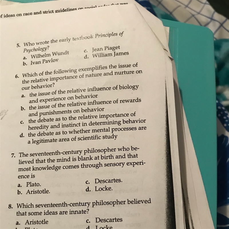 I need the answers for 5-8. The choices for 8 that are cut off are B.) Plato D.) Locke-example-1