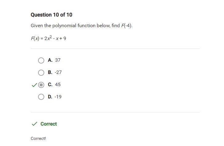 Given the polynomial function below, find F(-4). F(x) = 2x2 - x + 9-example-1