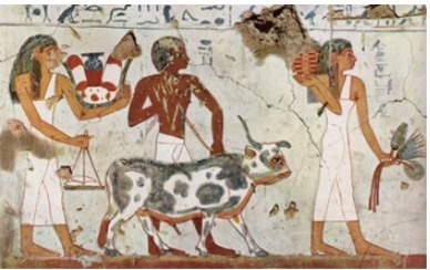 Look at this image. Which typical feature of Egyptian art is not present in this artwork-example-1