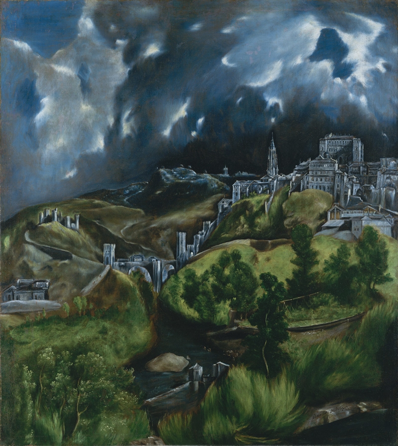 Look at the View of Toledo, a Mannerist painting done by El Greco in 1604. What is-example-1