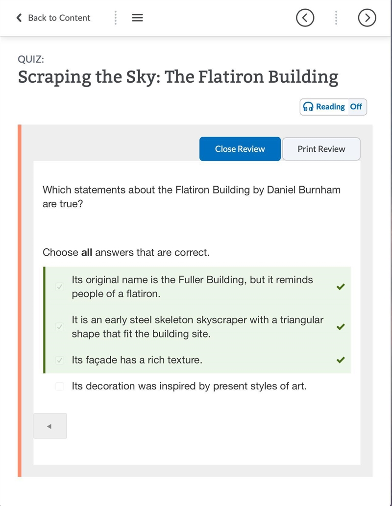 Help ASAP I will give 40 pts Which statements about the Flatiron Building by Daniel-example-1