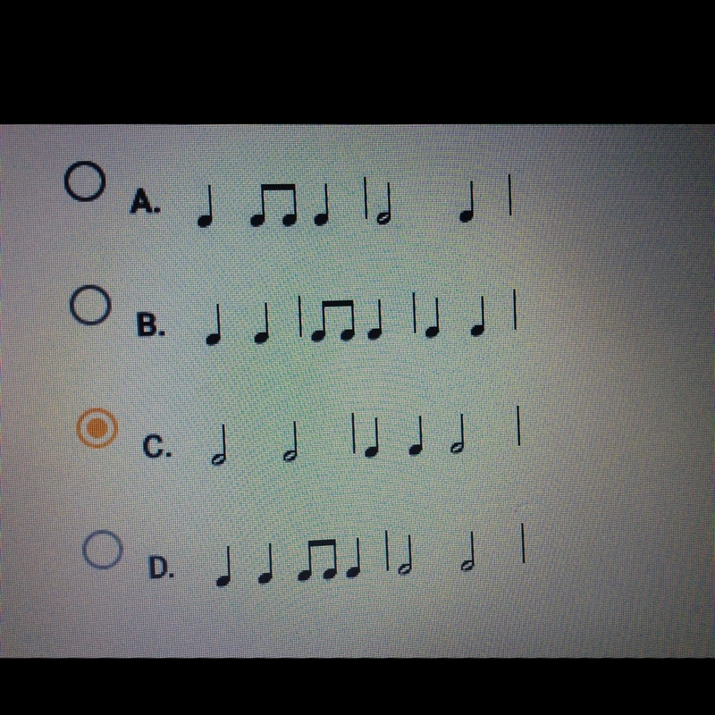 PLEASE HELP: Which of the following examples has 3 beats in each measure?-example-1