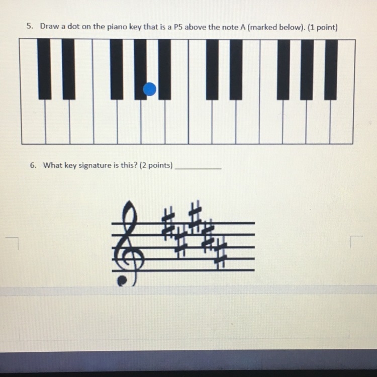 4) Draw a dot on the piano key that is a P5 above the A note(Marked Below). 5)What-example-1