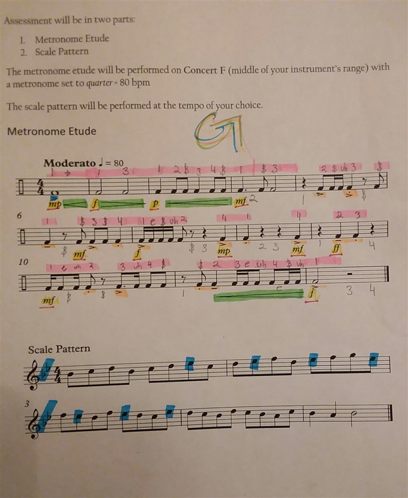 I have a playing test tomorrow. Any tips for practice? I color coded it to help me-example-1