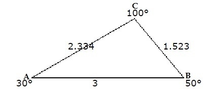 In a certain triangle ABC , A equals 30°, B equals 50°, and the side AB equals 3 in-example-1