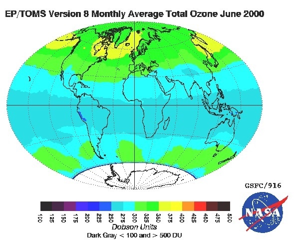 The map shows concentrations of ozone around the world. Ozone shields Earth from harmful-example-1