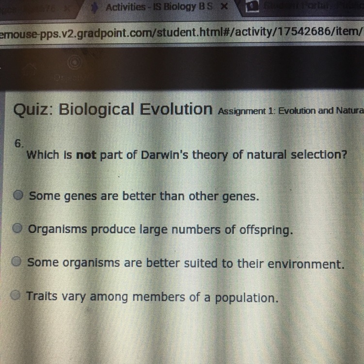 Which is not part of Darwin’s theory of natural selection?-example-1