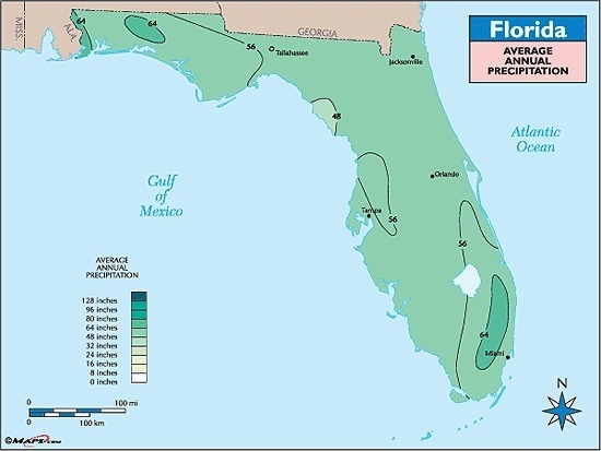 This map shows the precipitation pattern in different parts of Florida. Certain crops-example-1