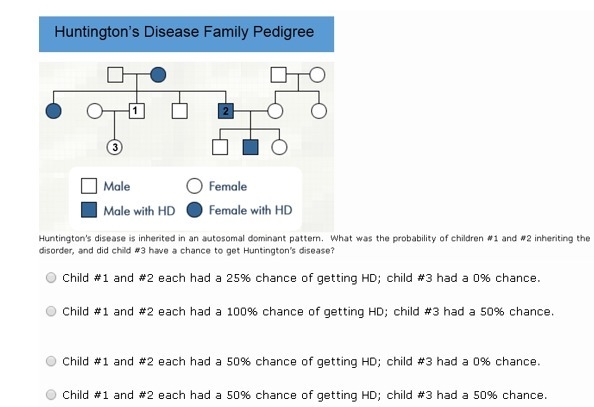 Huntington’s disease is inherited in an autosomal dominant pattern. What was the probability-example-1