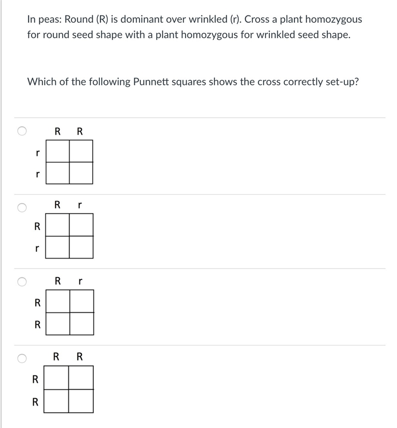 Which of the following Punnett squares shows the cross correctly set-up?-example-1