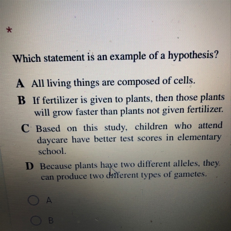 Hich statement is an example of a hypothesis?-example-1