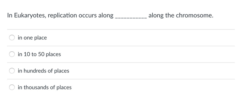 In Eukaryotes, replication occurs along ___________ along the chromosome.-example-1