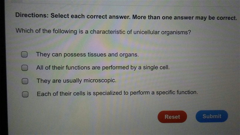 Which of the following is a characteristic of a unicellular organism?-example-1