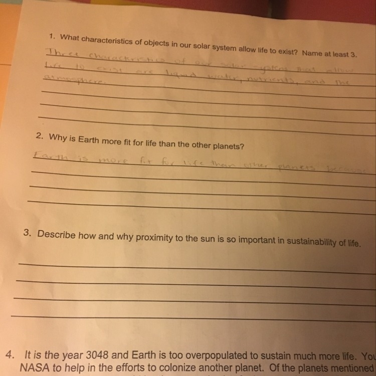 Describe how and why proximity to the sun is so important in sustainability of life-example-1