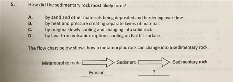 How did the Sedimentary rock MOST LIKELY form? (Pick from the answer choices above-example-1