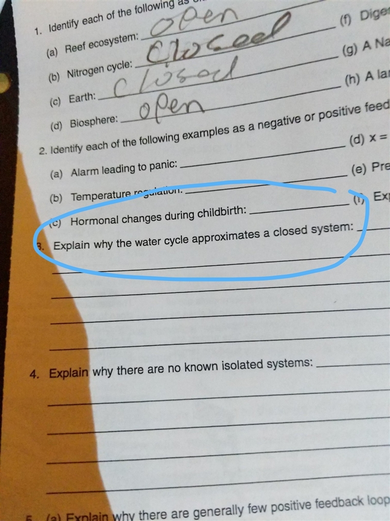 Explain why the water cycle approximates a closed system-example-1