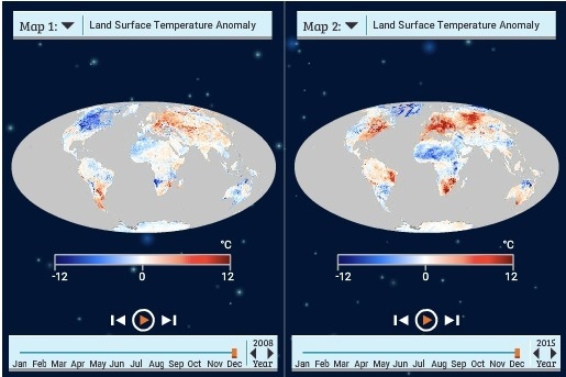 These maps show land temperature anomalies for December 2008 and December 2015 Which-example-1