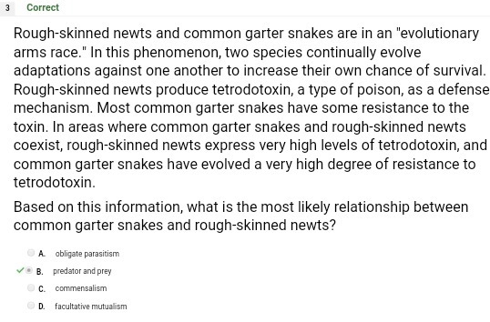 Rough-skinned newts and common garter snakes are in an "evolutionary arms race-example-1