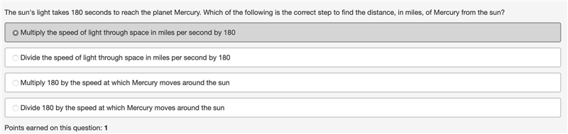 The suns light takes 180 seconds to reach the planet Mercury. Which of the following-example-1