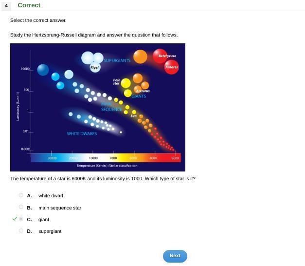 The temperature of a star is 6000K and its luminosity is 1000. Which type of star-example-1