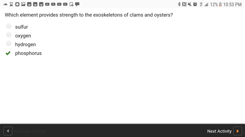 Which element provides strength to the exoskeletons of clams and oysters-example-1