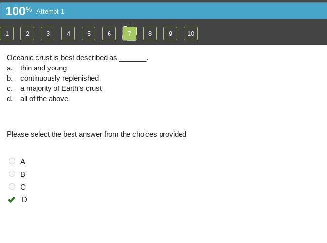 ceanic crust is best described as _______. a. thin and young b. continuously replenished-example-1