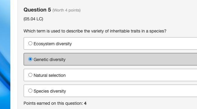 Which term is used to describe the variety of inheritable traits in a species? Ecosystem-example-1