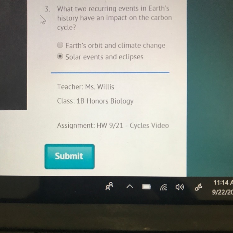 What two recurring events in Earth's history have an impact on the carbon cycle? which-example-1