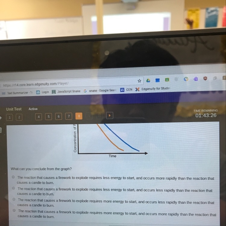 The graph below compares the rates of reaction of a burning candle and an exploding-example-1