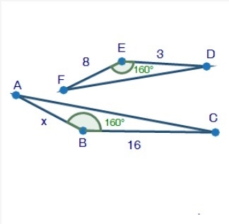 In the figure, ΔABC ~ ΔDEF. Solve for x. Triangles ABC and DEF. Angles B and E are-example-1