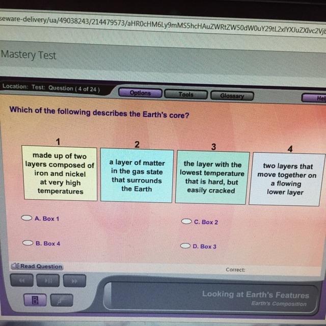 Which of the following describes the earth’s core?-example-1