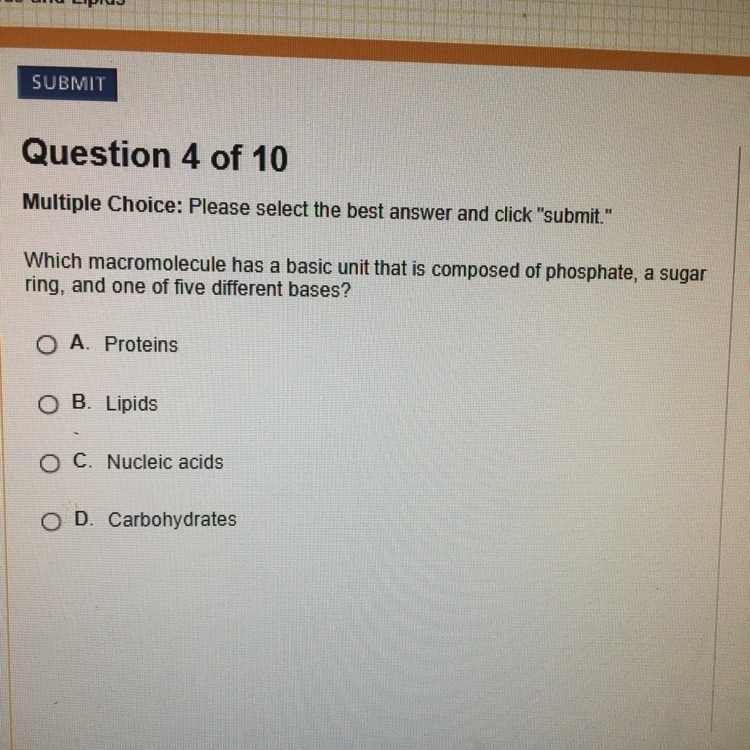 Which molecule has a basic unit that is composed of phosphate, a sugar ring, and one-example-1