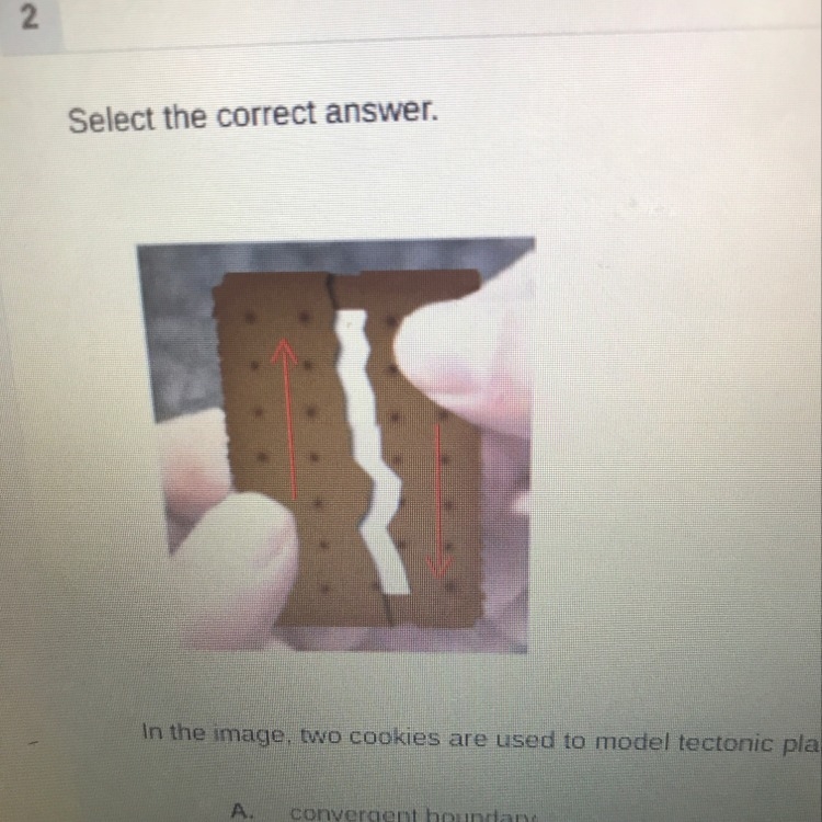 In the image, two cookies are used to model tectonic plates. Which plate boundary-example-1